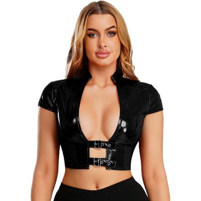 Top Corto da Donna in PU Effetto Bagnato con Apertura Frontale, Fibbie Regolabili, Manica a Cappuccio, Corsetto