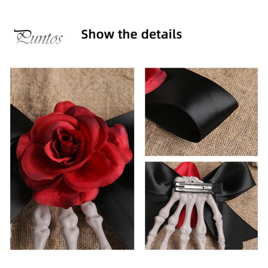 Halloween Hair Pin Skeleton Hand Frame Artificial Rose Flower Bow Decoration Hair Clip Dark Horror Style Hairpin