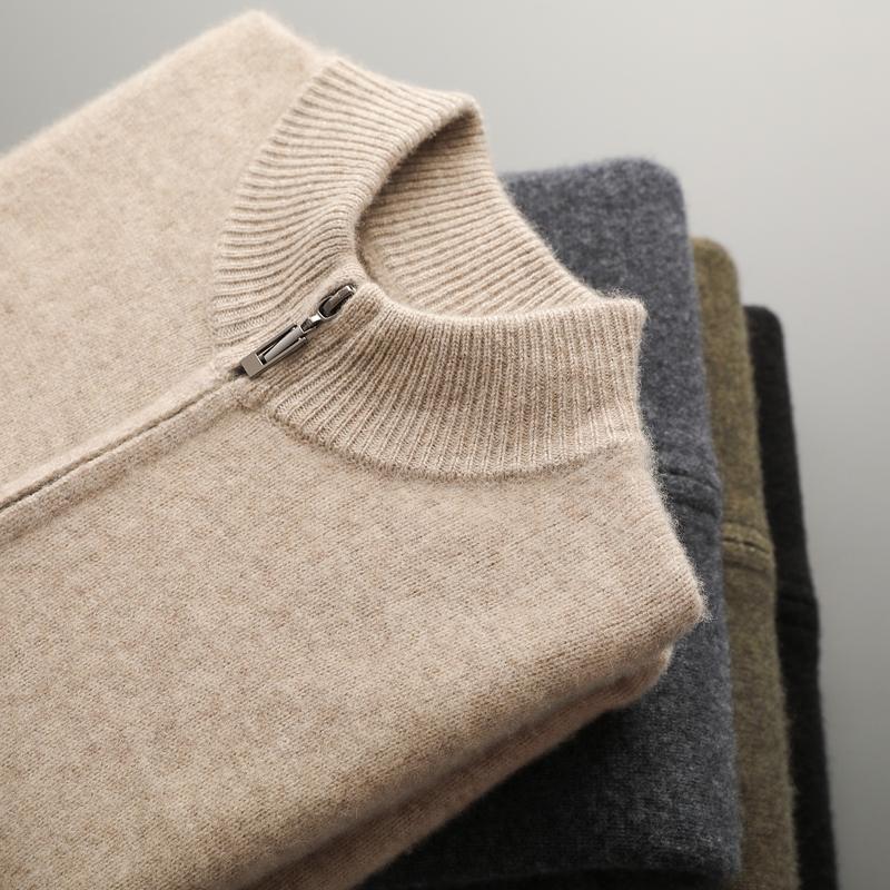 Men's Autumn Winter Warm Sweater Mock Collar Thickened Zippered Cardigan Cashmere Knitted Long Sleeve Tops