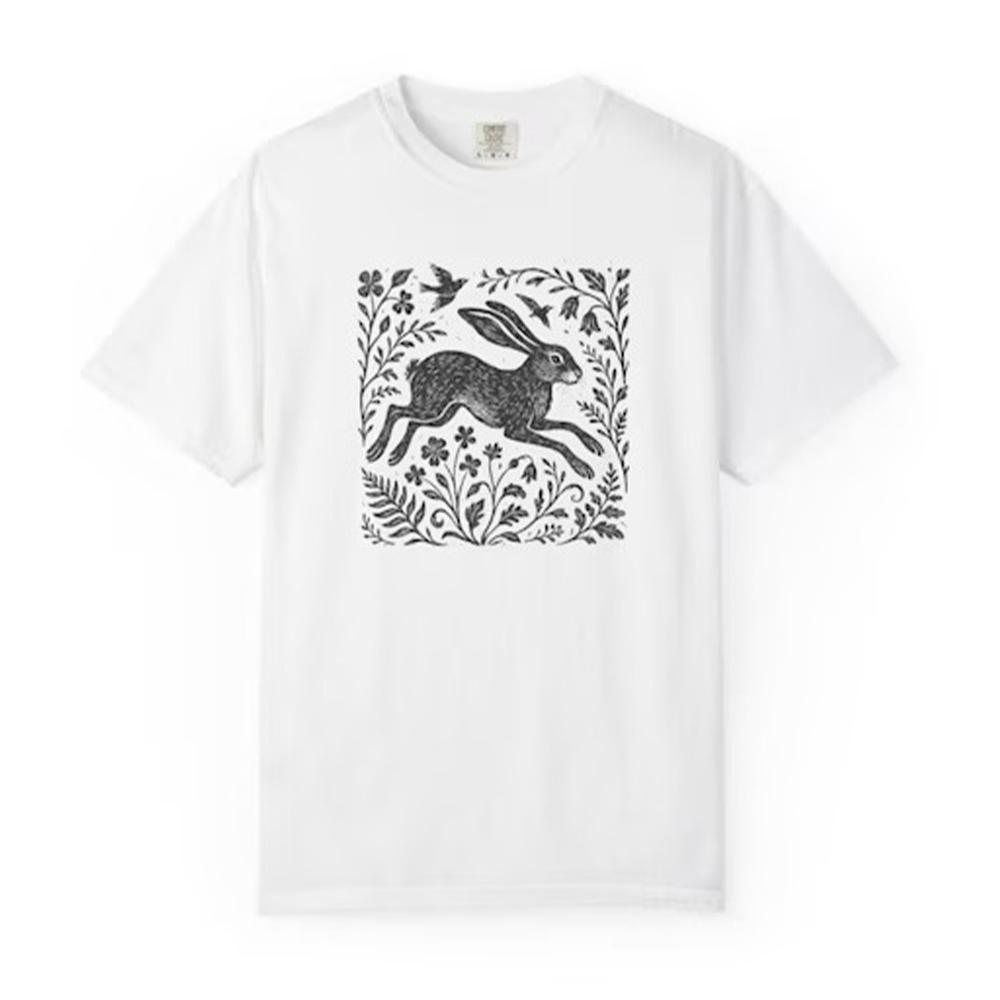 Vintage Wild Hare Linoprint Shirt Witchy Folk Art Forest Animal Naturecore Tee Dark Academia Unisex Y2K Casual Shirt Streetwear