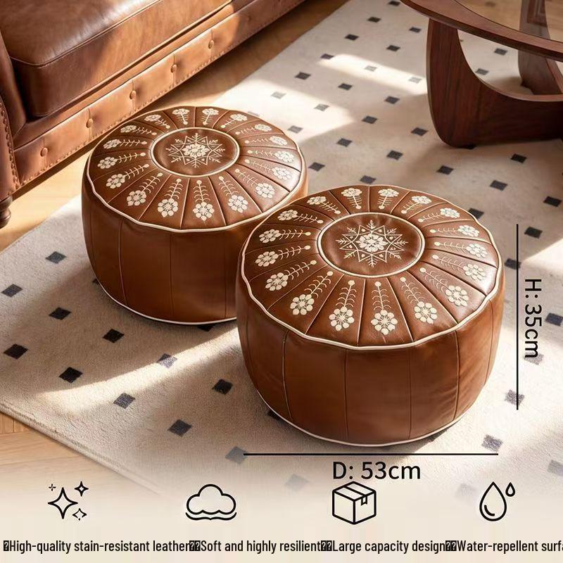 Nordic Embroidered Leather Ottoman: Large-Capacity Round Storage Stool for Living Room