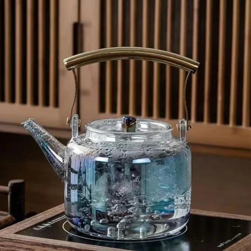 High Borosilicate Glass Colorful Handle Kettle Health - Preserving Hot Water Kettle Household Flower and Herb Teapot