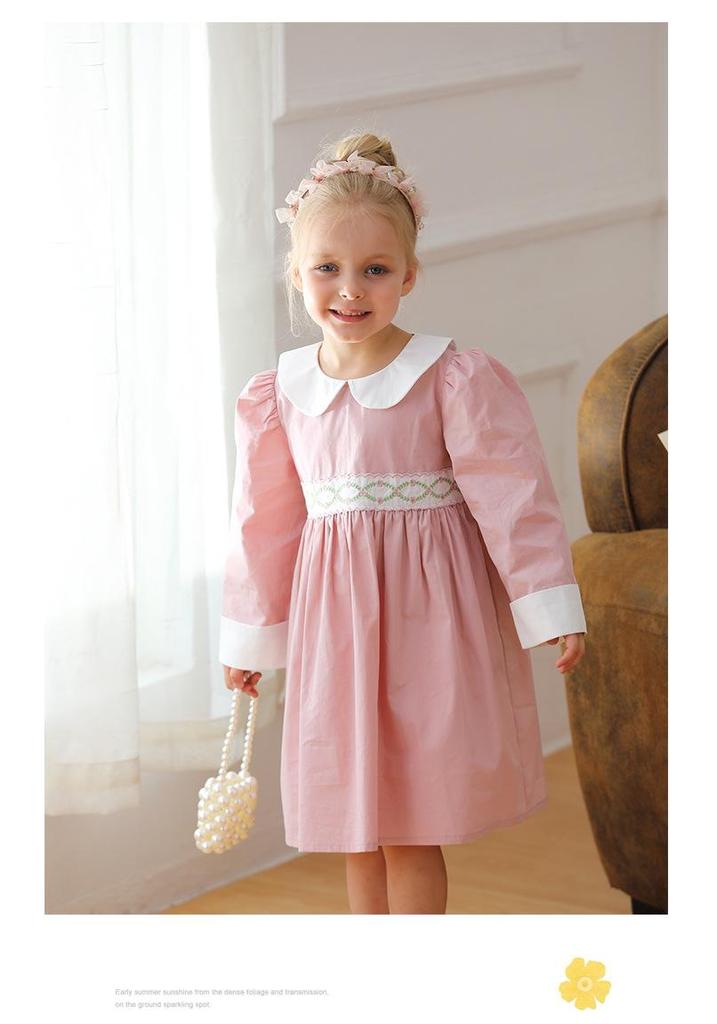 Frühling 2026 Mädchen Langarm Kleid mit Puppenkragen: Französisches Rattan, Florale Stickerei, Colorblocking, Reine Baumwolle, Süßer Prinzessinnen-Stil