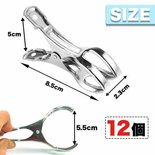 HIRAISM Clothespins, Stainless Steel, Strong, Large Size, Windproof, Futon Pole Clips, Clothes Drying Pegs (Pack of 12)