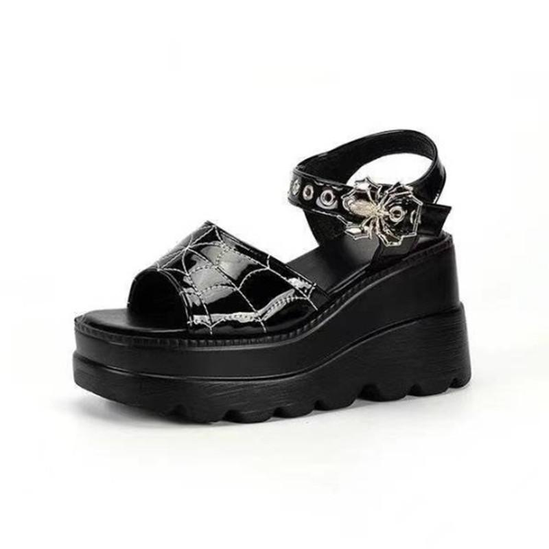 2024 Summer Gothic Platform Sandals: Punk Style, 9cm Heel, Spiderweb Embroidery, Spider Buckle Women's Shoes