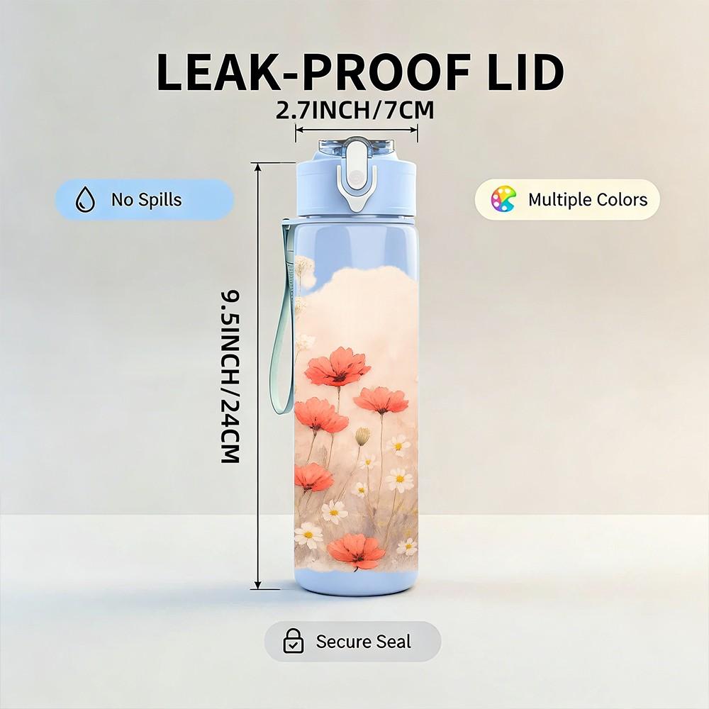 1PC Soft Pink White Cloud Flower Print 750ml Color Plastic Sports Water Bottle Leakproof Flip Straw Lid Suitable for Sports Office Home Use