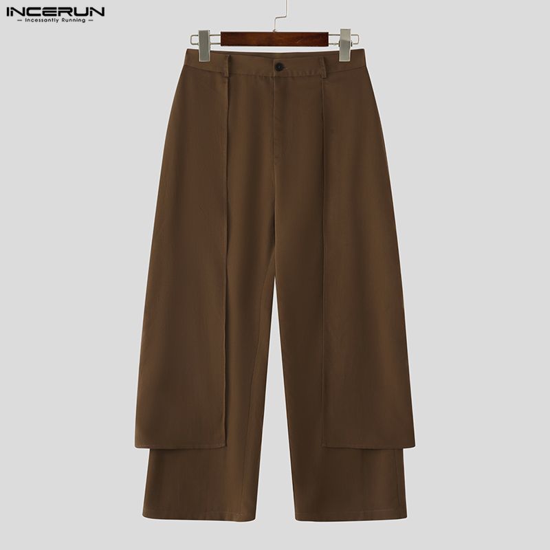 INCERUN S-XXXXXL Men Zip-up Waist Casual Long Front Layers Pants Trousers