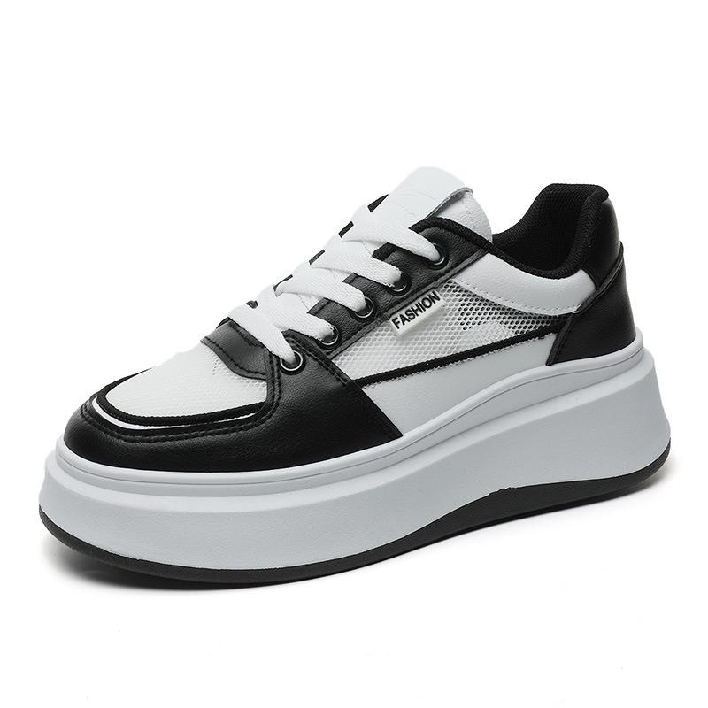 Women's Platform White Sneakers Casual Lace-up Leather Chunky Shoes All-match Height Increasing Footwear