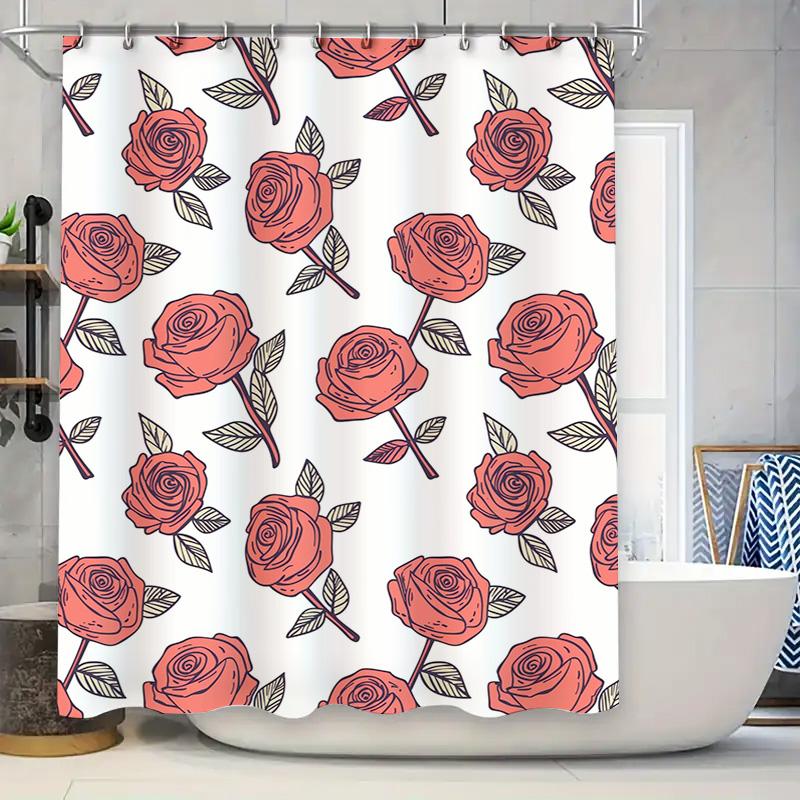 

Classic Floral Shower Curtain Coral Pink Rose Pattern White Polyester Fabric Decorative Waterproof Bath Liner 90x180cm