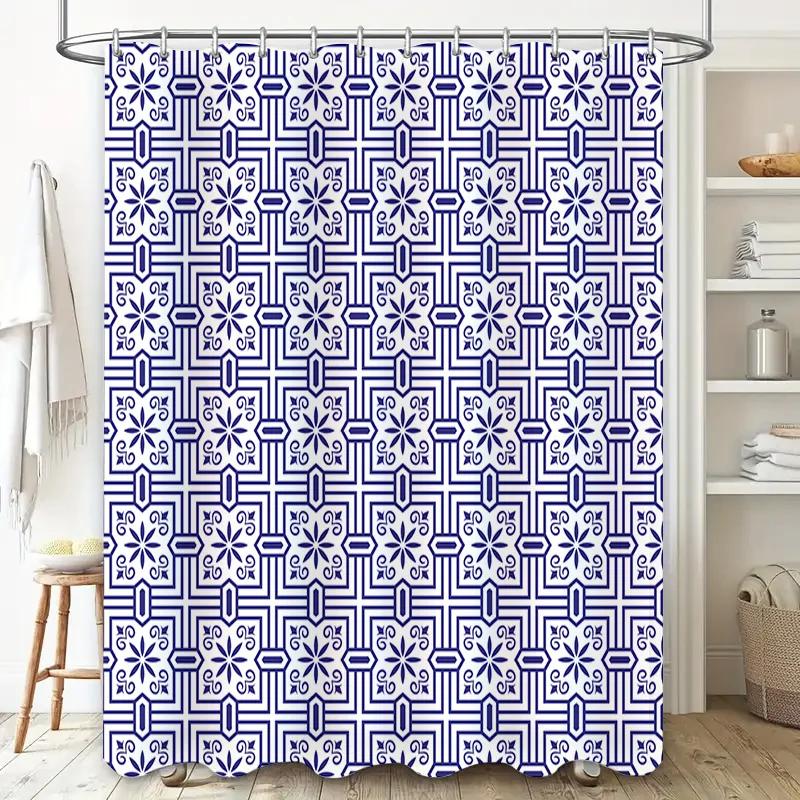Blue White Tile Pattern Shower Curtain Waterproof Home Decor Bathroom Decoration 180x240cm TPU Material High Density Printing