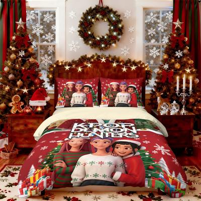 3pcs Christmas K-Pop Demon Hunters Print Coreless Bedding Set Multiple Size Bedroom Bedding Decoration, Machine Washable