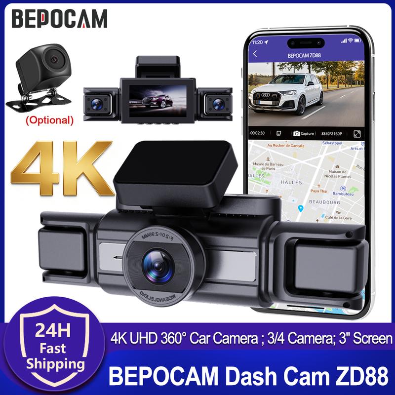 BEPOCAM Dash Cam 4K 4 Channel Front and Rear Inside 360° Car Camera for Cars Built-in WiFi GPS WDR Night Vision 24H Parking Mode