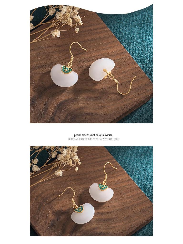 Ancient Gold-Plated Auspicious Cloud Earrings with Imitation Hetian Jade