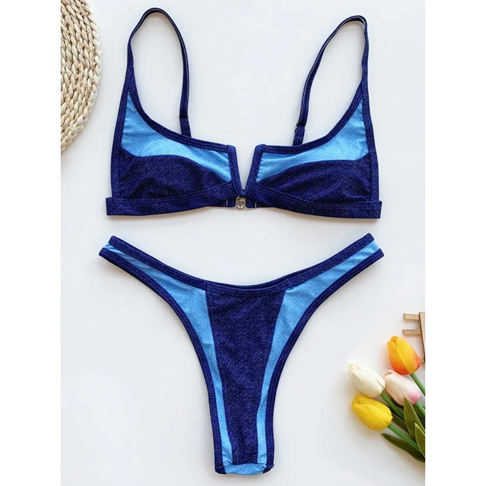 Splicing Denim V Shaped Thong Bikini Women Swimsuit Female Swimwear Two Pieces Bikini Set Bather Push Up Bathing Suit Swim Lady