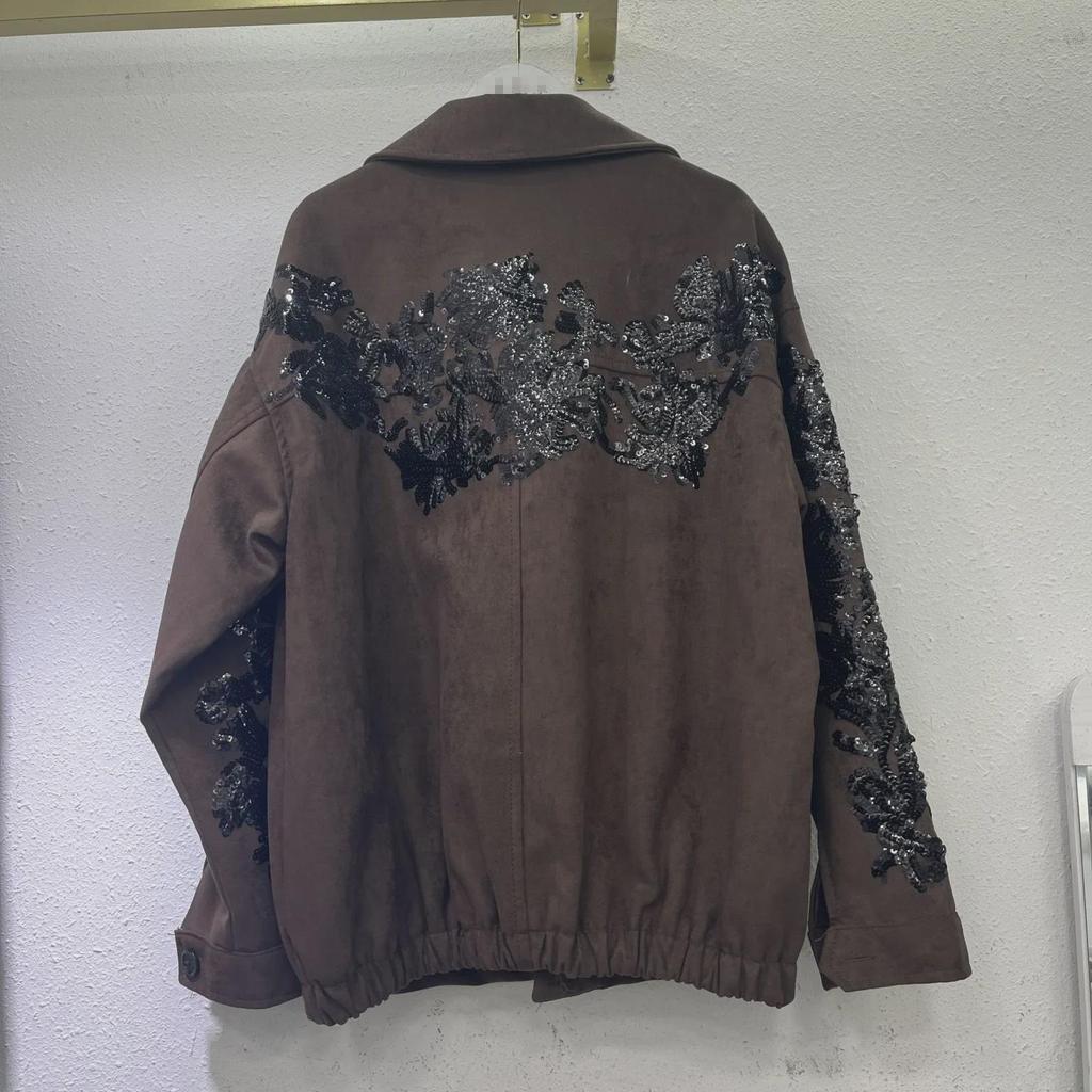 2024 Women's Brown Leather Jacket: Cool Style with Heavy Sequin Embroidery in Motorcycle Design