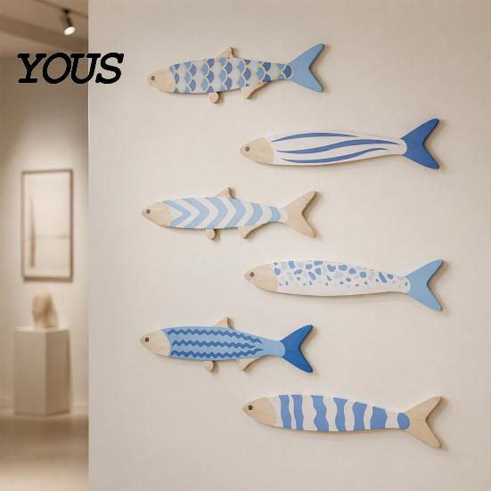Decorative Fish Scale Wall Hangings 6Pcs/Set Wooden Decor, Beach House Decoration, Blue And White Wood Ornaments Coastal Art for Home Living