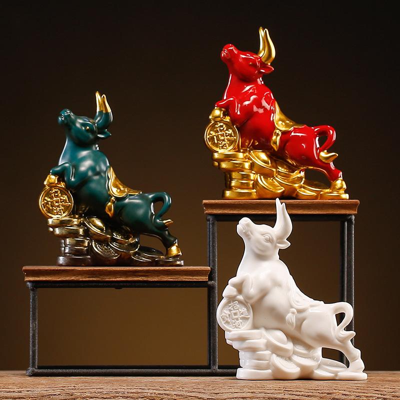 Feng Shui Wealth Ox Statue Ceramic Figurine Money Luck Charm for Home Office Desk Decor Bullish Vibe Gift for Career Success