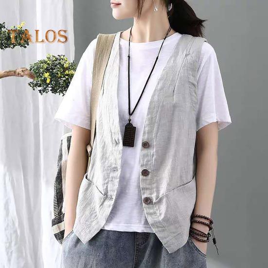 Lady Coat V Neck Single-breasted Sleeveless Solid Color Button Closure Retro Cardigan Waistcoat Daily Wear Casual Vest Top