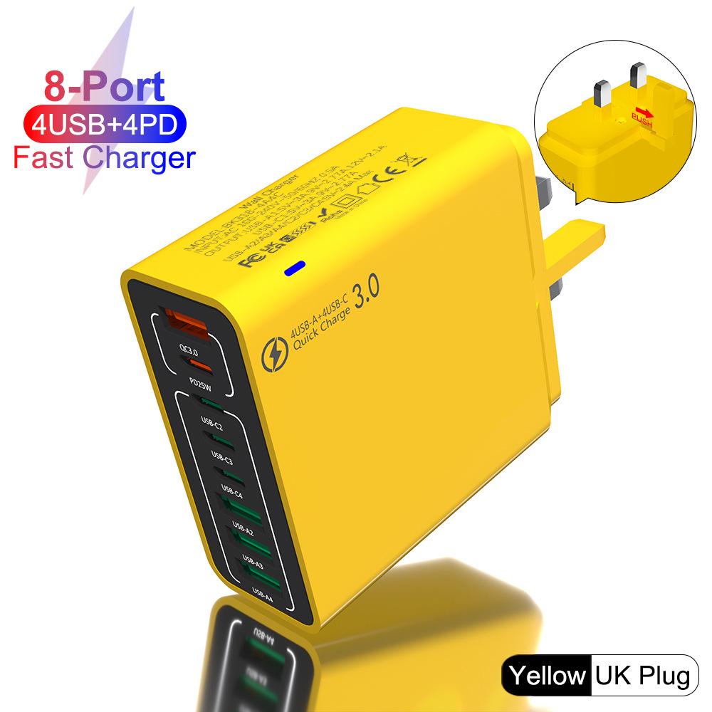 55W 8-Port Fast Charger: 4 USB, 4 PD, QC3.0 Compatible with EU/US/Korean Standards