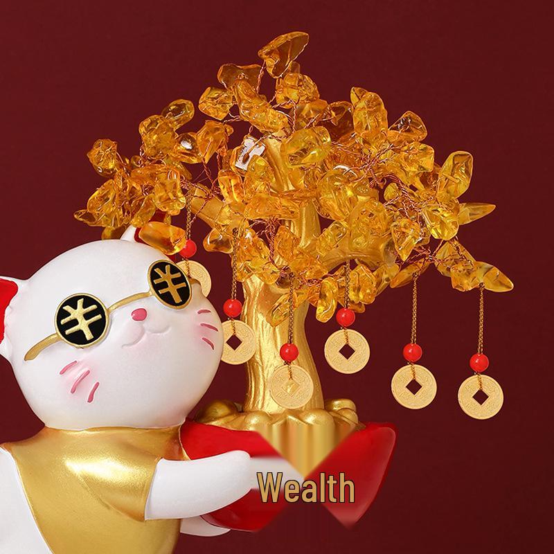 Lucky Cat Crystal Wealth Tree Ornament - High-End Housewarming Gift for New Home Entrance.