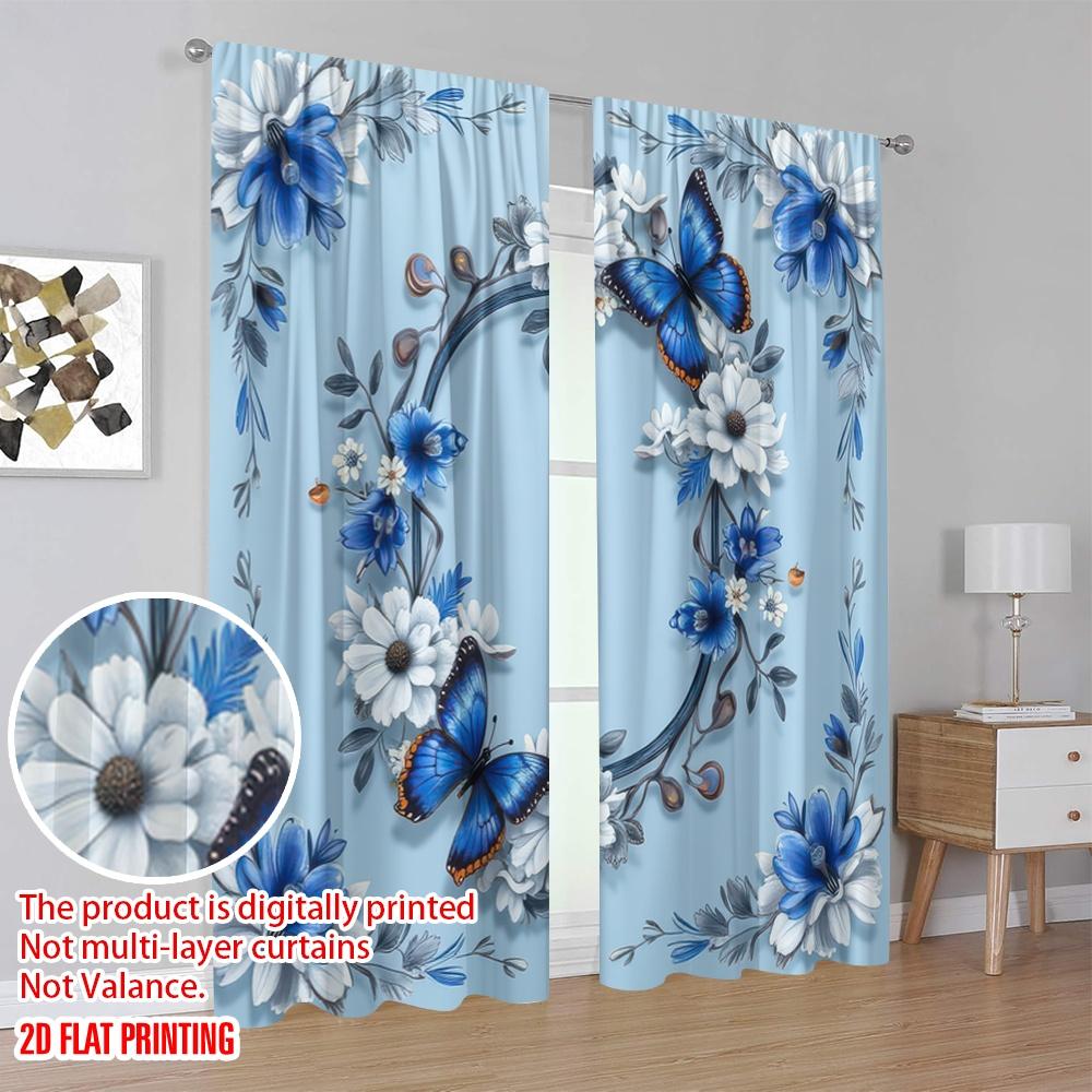 2D flat printing 2pcs Drapes blue flowers Durable Polyester  Without Electricity summer party decorations Perfect for Indoor