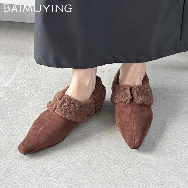 Fur Flats Women Boots Suede Pointed Toe Elegant Short Plush Winter Cotton Shoes 2025 Trend Designer Warm Cozy Chaussures Femme