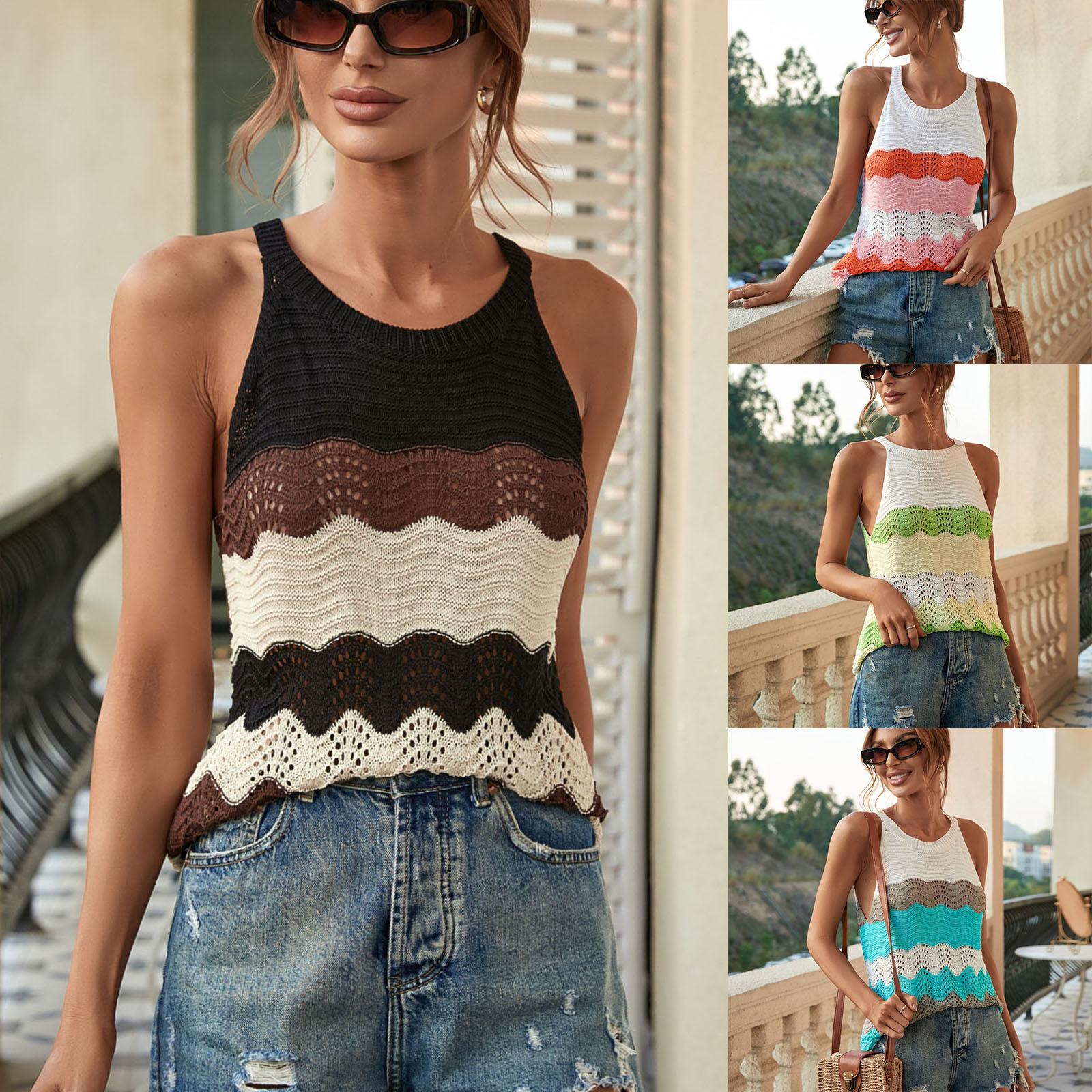 

Женская летняя футболка с вырезом на талии и повседневный жилет без рукавов с короткими рукавами, вязаные топы
