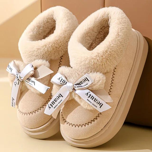 Fashion Women's Bowknot Decor Platform Snow Boots Faux Suede Thicken Plush Winter Shoes Woman Fashion Fluffy Faux Fur Warm Ankle Boots