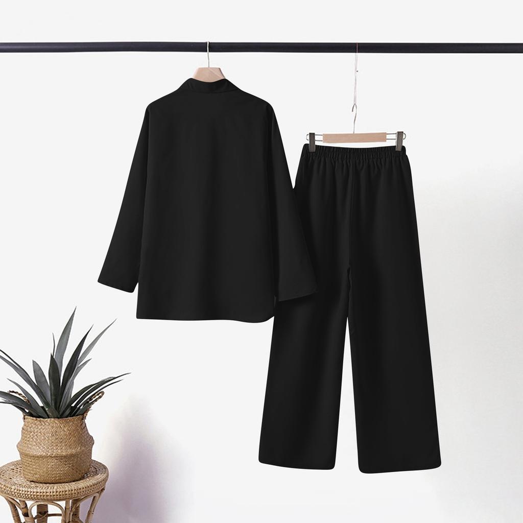 Women's Fashion Casual Summer Color Lapel Long-sleeved Shirt Elastic Waist Nine-point Pants Two-piece Suit