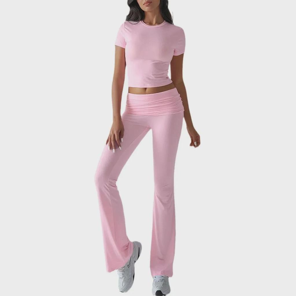 Diyun Women's Casual Solid Color Slim Short-Sleeved Long Pants Suit for Spring/Summer 2025