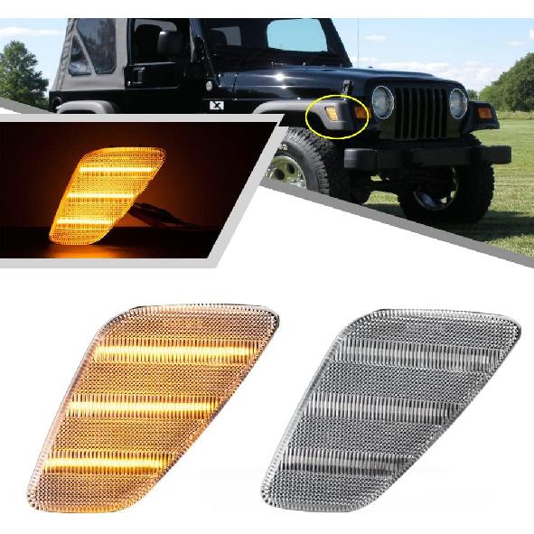 2Pcs LED Amber Side Marker Lights for J eep Wrangler TJ 1997-2006 Front Turn Signal Light Replace OEM Sidemarker Lamp Smoked Lens Clear lens
