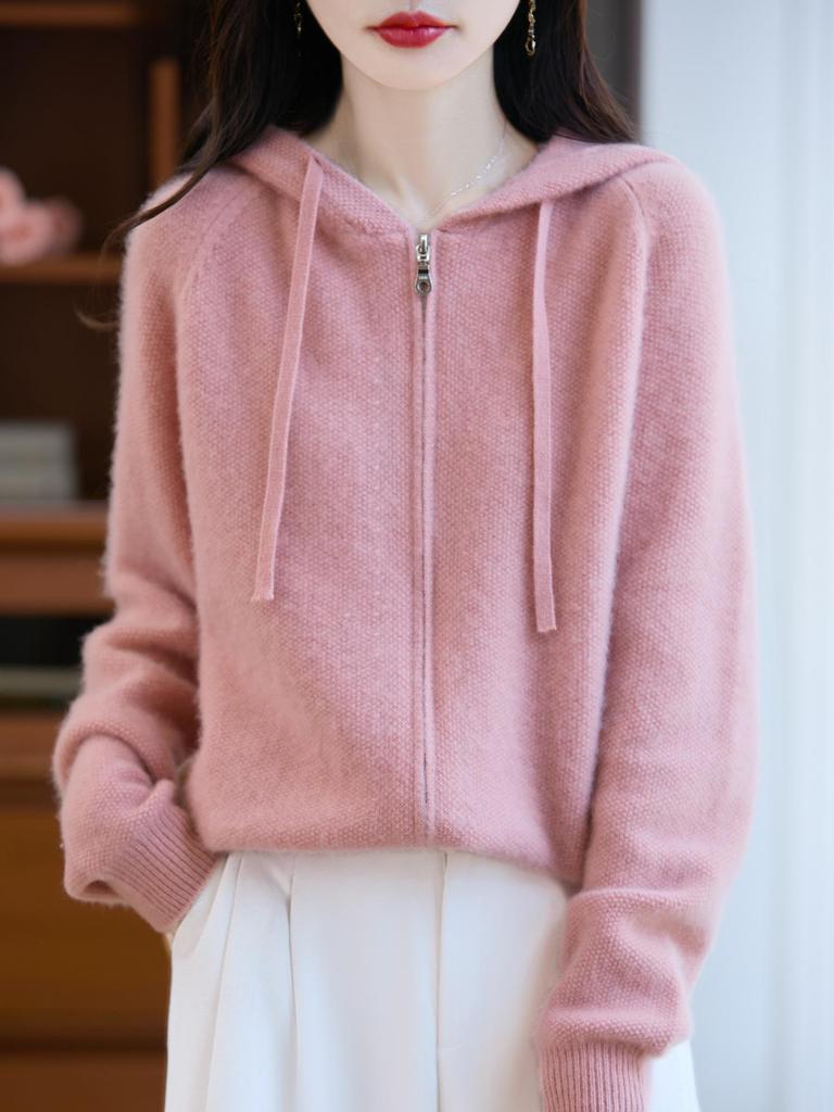 Women's Thick Wool Zipper Hooded Cardigan: Autumn/Winter Fashion, Loose Knit, Long Sleeve Sweater Coat.