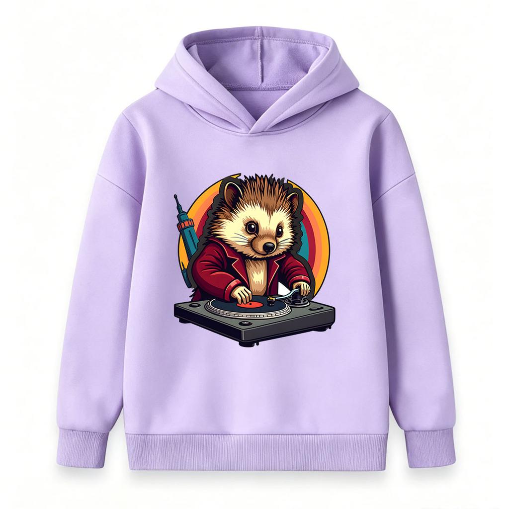 Kids Boys Girls Hoodie, Cute Hedgehog DJ Print Pullover Hooded Sweatshirt, Casual Long Sleeve Tops for Music Lovers Teen Children Daily Wear Party Gif