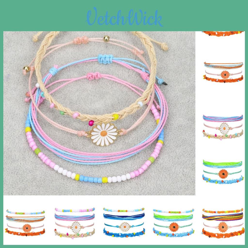 New Bohemian Style Waterproof Wax Thread Handwoven Bracelet Set With Alloy Daisy Beads