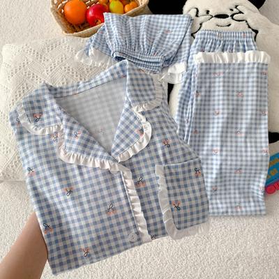 Cute Little Cherry Plaid Short-Sleeved Pajamas Women'S Summer Sweet Ruffle Leaf Loungewear Three-Piece Set