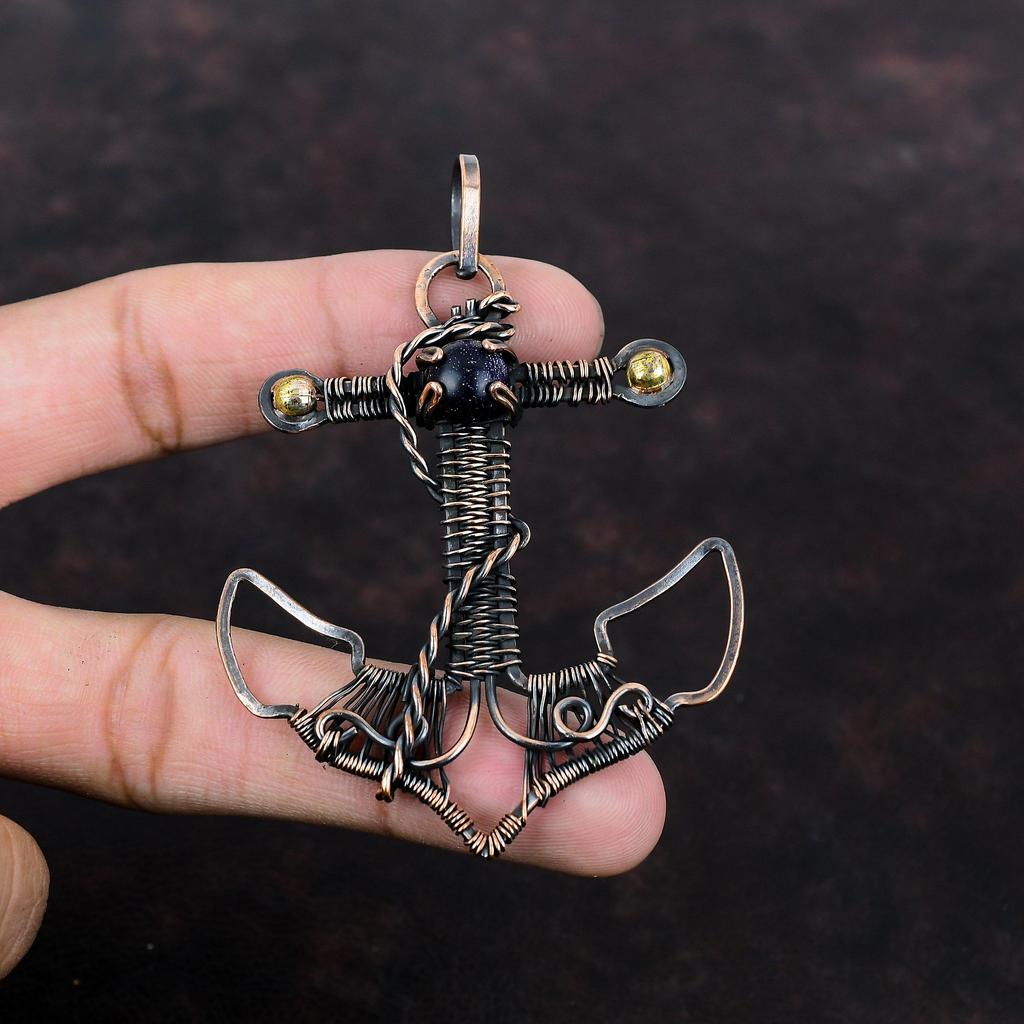 Blue Sunstone Pendant Copper Wire Wrapped Gemstone Pendant Anchor Jewelry Amazing Pendant Handmade Pendant Copper Wire Jewelry Gift For Wife