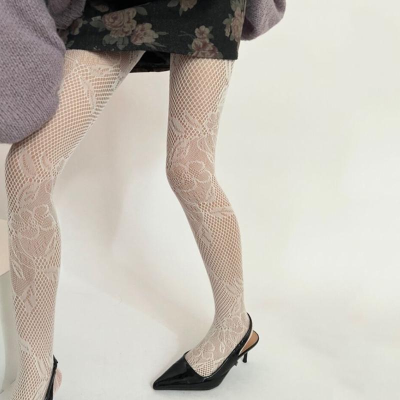 Korean Elegant Mesh Net Tights Hollowed Out Flower Pattern Stretch Full Length Stockings Fishnet Pantyhose for Women
