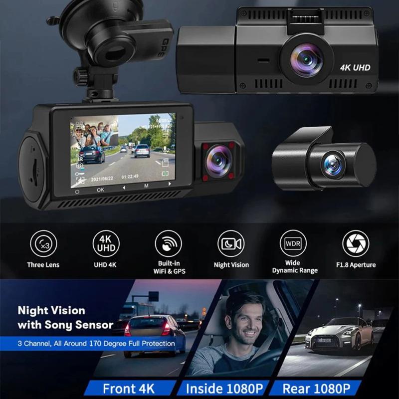 3-kanals bil-DVR Dashcam 4K-kamera GPS WiFi för fordons Dashcam Svart Box Videobandspelare Registrator Nattseende Biltillbehör