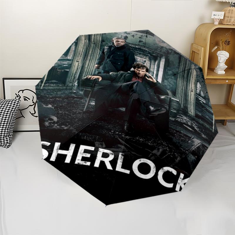 Sherlock Holmes Thema Automatischer Regenschirm, Leicht & Tragbar, 8 Speichen, Perfekt für Reisen im Freien, Geburtstage, Weihnachten, Geschenke.