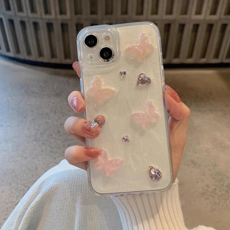 Light Luxury Rhinestone Gemstone Love Mobile Phone Case For Iphone17Promax Pink Butterfly Apple 16