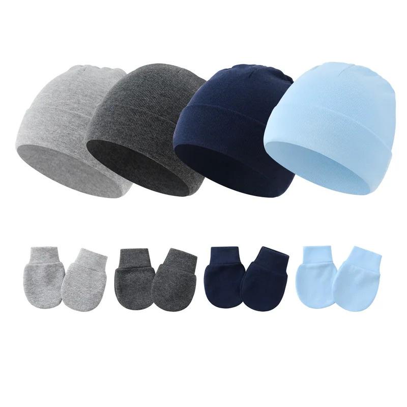 4PCS Baby Beanie Hat And Mittens Set Cotton Infant Newborn Anti Scratch Gloves Soft Warm Breathable Cap For 0-12 Months Everyday Wear Boys Girls