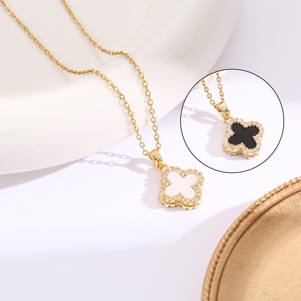 Elegant Gold-Plated Chinese-Style Four-Leaf Clover Necklace with Imitation Hetian Jade Pendant for Women