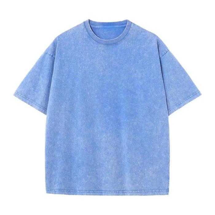 230G Washed Distressed Men's Retro T-Shirt, US Size, Loose Round Neck, Pure Cotton Short Sleeve.