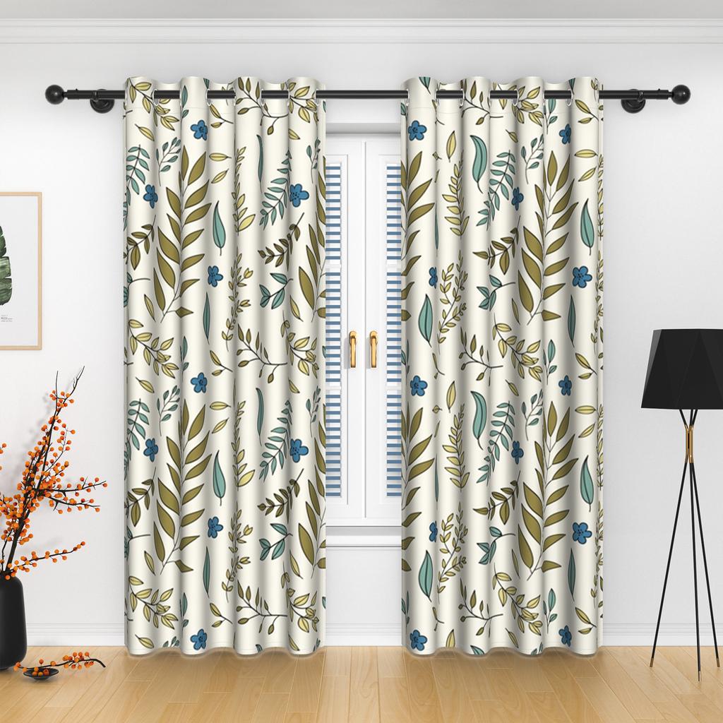 2pcs Green Leaves Window Curtains Boho Style Modern Bedroom Blackout Curtains Blue Flowers Natural Plants Curtains Living Room