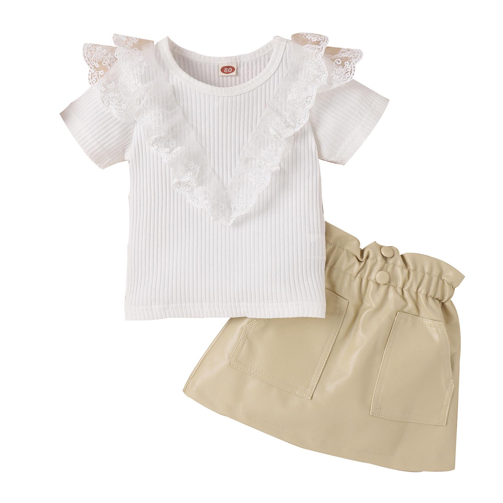 

Комплект одежды для девочек, весенне-летний детский повседневный комплект из двух предметов: кружева с короткими рукавами и кожаной короткой юбкой 80cm белый