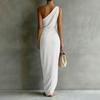 Robe Longue Satinée Moulante à Épaule Biaisée de Couleur pour Femme