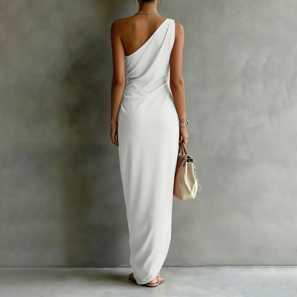 Robe Longue Satinée Moulante à Épaule Biaisée de Couleur pour Femme