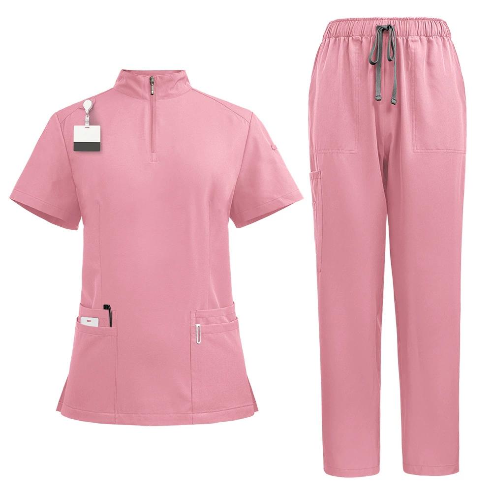

Trendy Zip Stand-up Collar Scrub Set for Women Men Medical Nurse Blouses Plus Size Pants Dentist Nursing Suit Beautiful Workwear 2XL рожевий