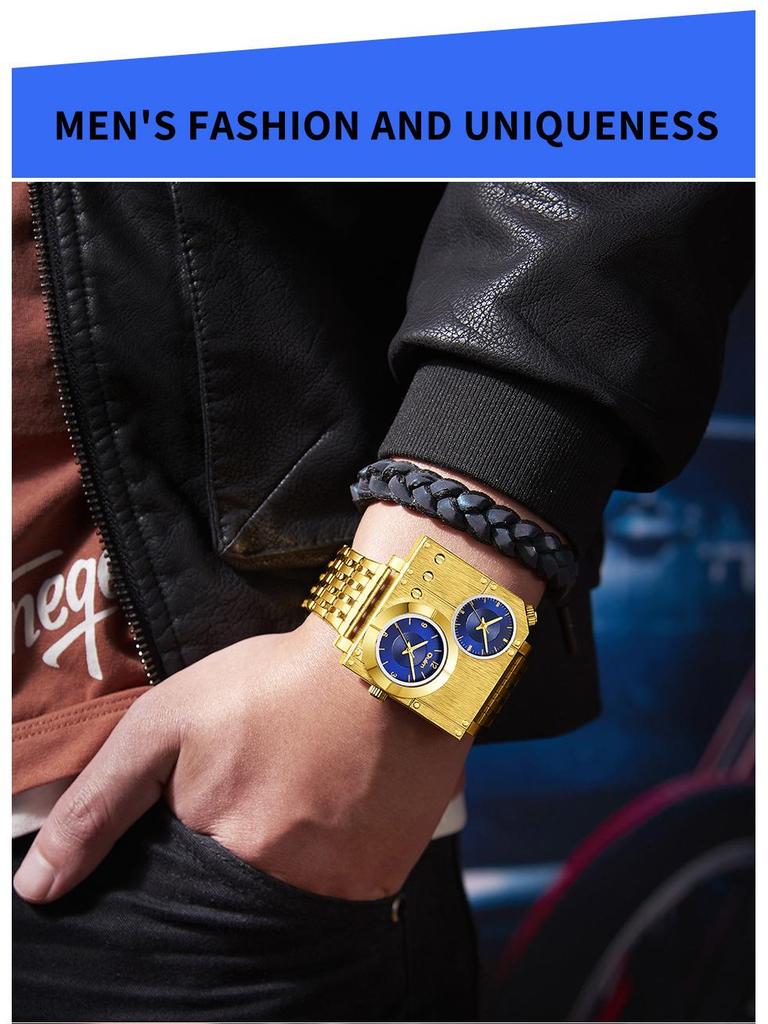 Oulm Men's Dual Time Zone Large Dial Quartz Watch with Steel Band, Gold, Hot Seller