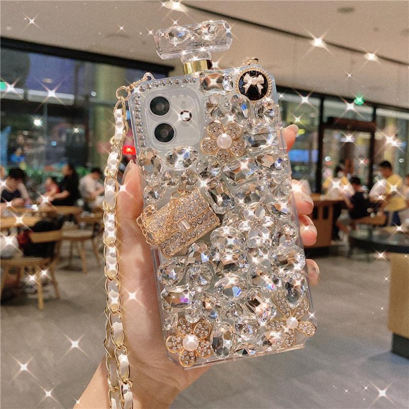 Luxus Bling Kristall Diamant Parfüm Flasche Abdeckung für Samsung S24 S23 S22 Ultra S10 S20 Plus Note20 Ultra Fall für iphone 15 14 13 11 Pro Max